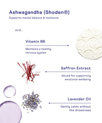 Illustration of Ashwagandha, Vitamin B6, Saffron Extract, and Lavender Oil with text on a white background.